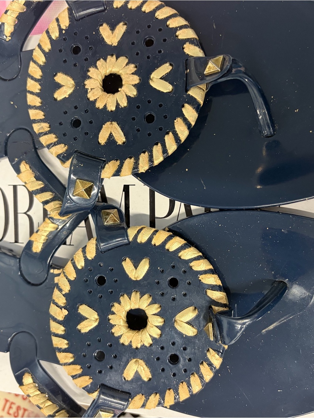 Jack Rogers Navy Blue Sandals with Gold Embroidery